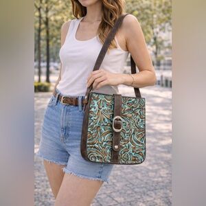 NEW Patricia Nash VENEZIA Tooled Turquoise Leather Crossbody Pouch Buckle Bag